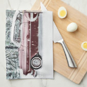 Tekening van een Rode Auto en Kerstbomen Theedoek (Quarter Fold)