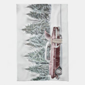 Tekening van een Rode Auto en Kerstbomen Theedoek (Verticaal)