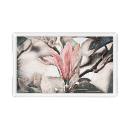 Tekening van een roze magnoliebloemtak acryl t la acryl dienblad