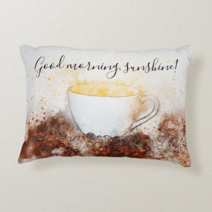 Tekening van een warme kop koffie onder koffiebone accent kussen