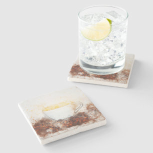 Tekening van een warme kop koffie onder koffiebone stenen onderzetter