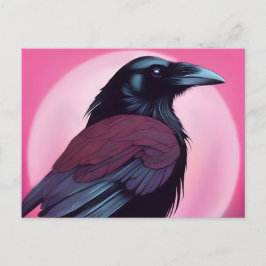 Tekening van een zwarte raaf op neon roze briefkaart