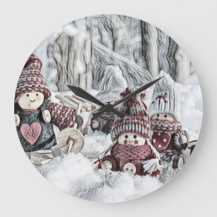 tekening van gnomen in de sneeuw grote klok