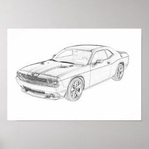 Tekening van het zwarte en witte dodge Challenger  Poster