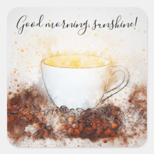 Tekening van Hot Cup of Coffee Good Morning Sunshi Vierkante Sticker