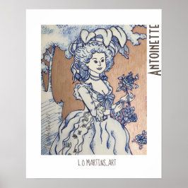 Tekening van Marie Antoinette op blauwe inkt Poster