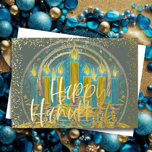 Tekening van Menorah Grijs Geel Blauw Gelukkig Han Feestdagen Kaart
