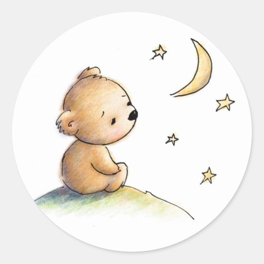 Tekening van schattige teddybeer kijken naar de st ronde sticker (Voorkant)