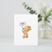 Tekening van teddybeer lopen met bloem briefkaart (Staand voorkant)