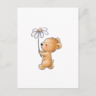 Tekening van teddybeer lopen met bloem briefkaart