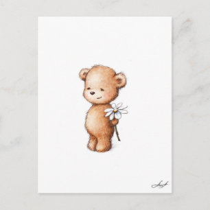 Tekening van teddybeer met madeliefje briefkaart