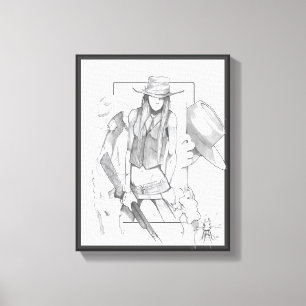 Tekening van twee cowboys & een cowgirl canvas afdruk