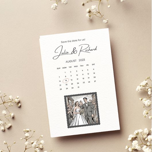Tekeningen van komisch stel Save The Date Kaart