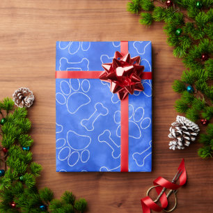 Tekeningpatroon van hondenpoot en botten in blauwe cadeaupapier