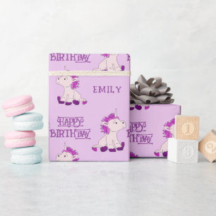 Tekenpatroon Roze Eenhoorn Happy Birthday Cadeaupapier