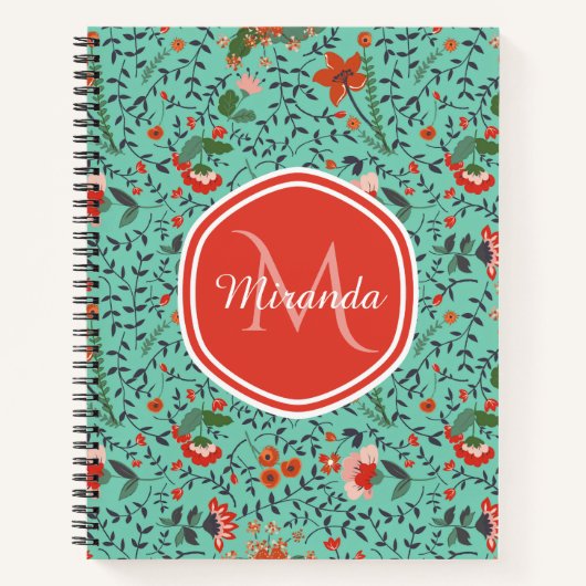 Tekenrode bloemrijke monogramnaam notitieboek (Voorkant)