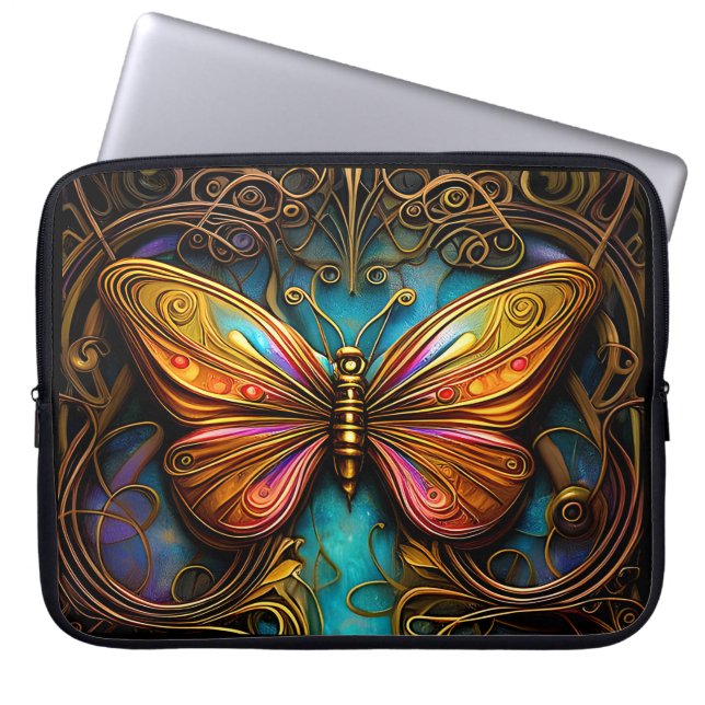Tekst Bronze Butterflies op Aqua Blue Laptop Sleeve (Voorkant)