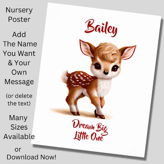 Tekst naam toevoegen, Cute Fawn - Baby Deer op Wit Poster