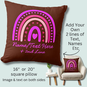 Tekst toevoegen Naam Boho Rainbow Heart Pink Brown Kussen
