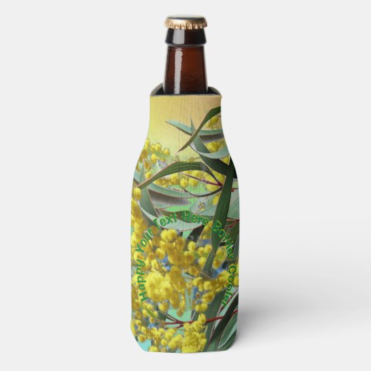 Tekst toevoegen Wattle & Gum Leaves Aussie Stubby  Flesjeskoeler (Fles Voorkant)