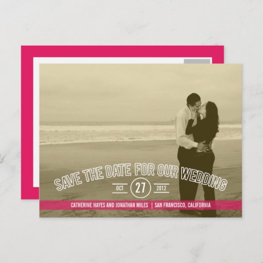 Tekstbedekking De datumkaarten opslaan - Fuchsia Aankondigingskaart (Voorkant / Achterkant)