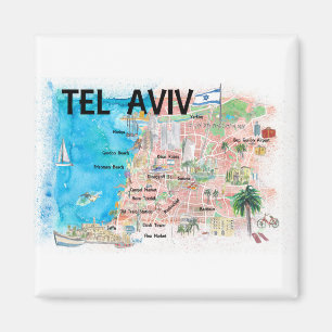 Tel Aviv Israel Illustrated Map met hoofdwegen Magneet