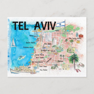 Tel Aviv Israel Illustrated Map met Wegen Briefkaart