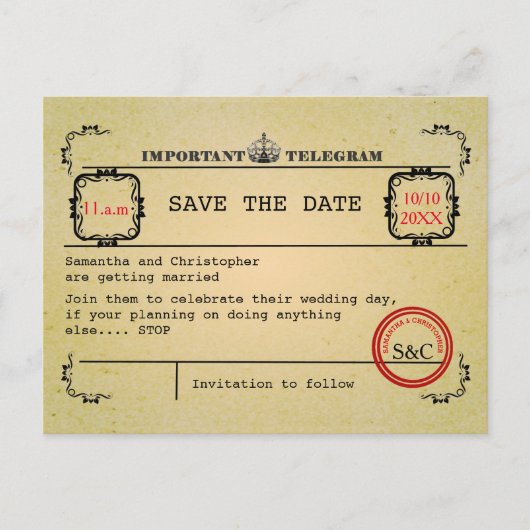  Telegram bruiloft Bewaar de datum Aankondigingskaart (Voorkant)