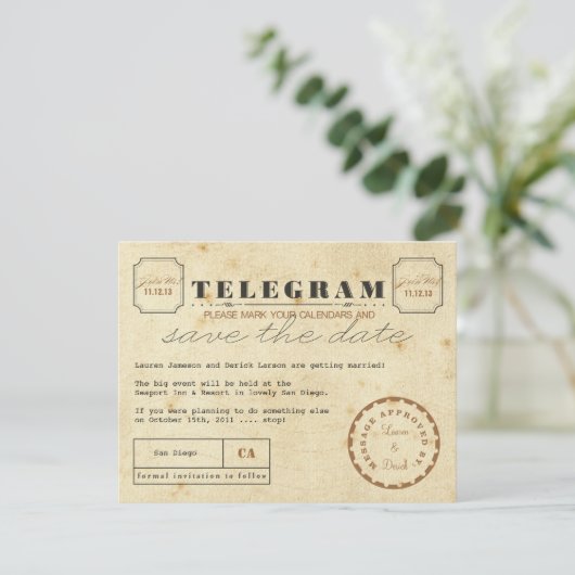  Telegram Sla de datum op Save The Date (Staand voorkant)