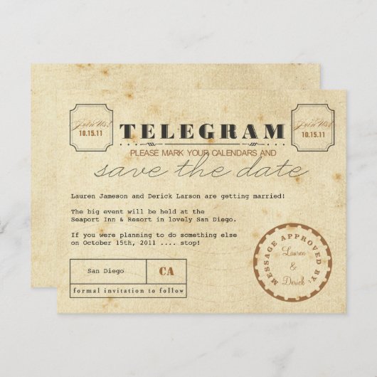 Telegram Sla de datum op Save The Date (Voorkant / Achterkant)