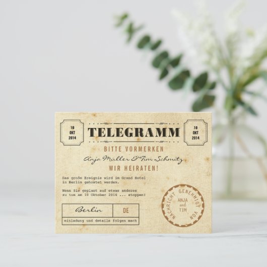 Telegramm sparen de Datum Save The Date (Staand voorkant)