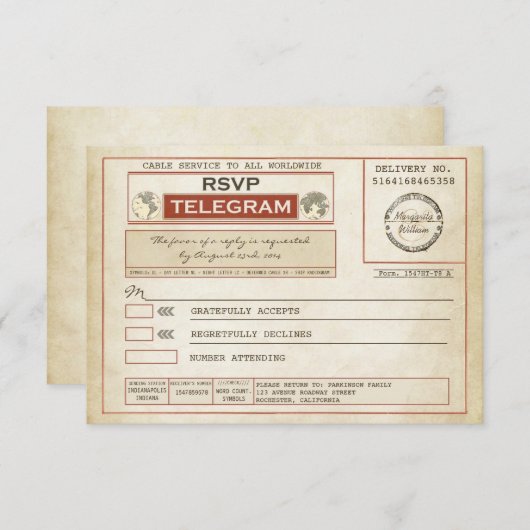 Télégrammes MARIAGE vintage RSVP (Devant / Derrière)