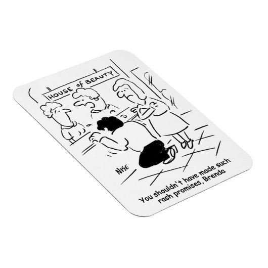 Teleurgestelde man in schoonheidssalon. grappig magneet (Rechterzijde)