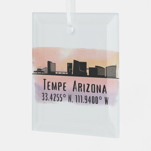 Tempe AZ City Skyline Latitude en Lengtegraad Glas Ornament (Voorkant links)