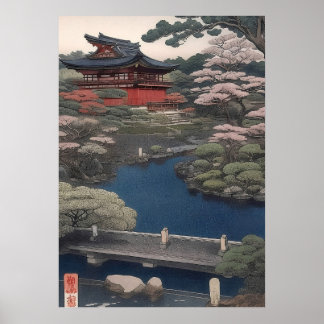 Tempel aan de rivier - Japan Poster