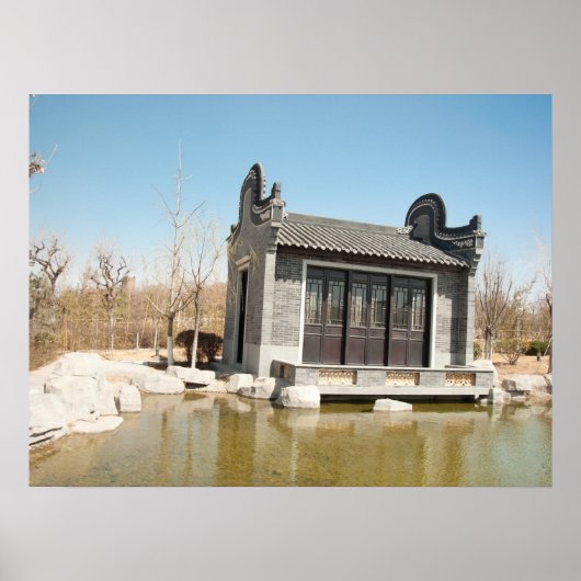 Temple in water met blauwe lucht poster (Voorkant)