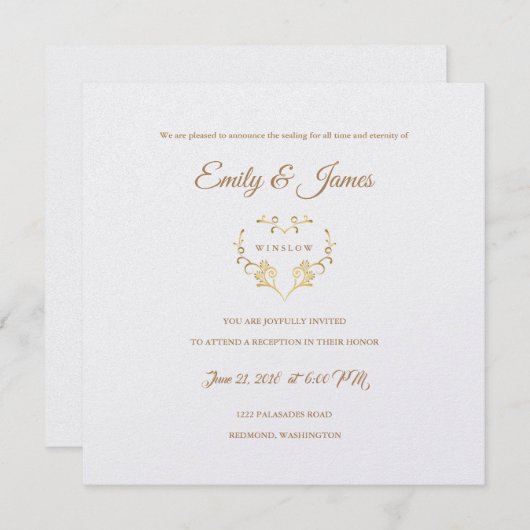 Temple Mariage Carte Réception Fancy Gold Heart (Devant / Derrière)