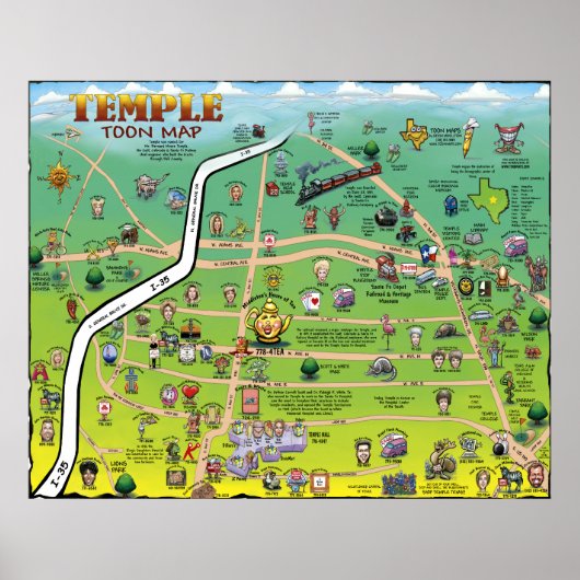 Temple Texas Cartoon Map Poster (Voorkant)