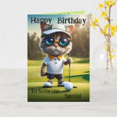 Temps de golf : Funny Cat Golf Player, Carte Anniv (Fleur jaune)