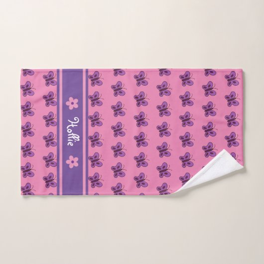 Tendance rose violet Fleurs blanches Papillons Enf (Serviette à main)