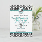 Tendance Turquoise Damask Invitations de fête d'an (Debout devant)