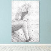 Tender Black Halftone Effect Sitting Girl Canvas Afdruk (Insitu (Houten vloer))