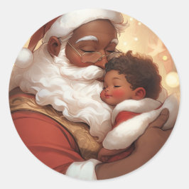 "Tender Moments: Zwarte Kerstman met Slapende Baby Ronde Sticker
