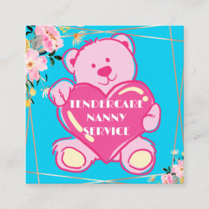 TenderCare Nanny Service Blauw en Roze Teddybeer Vierkante Visitekaartje