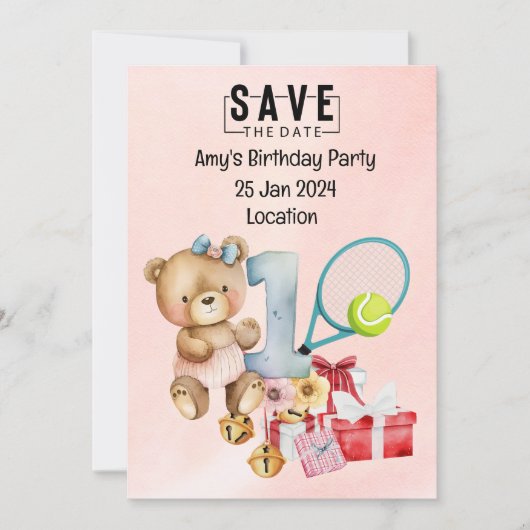 Tennis 1e Verjaardag Save the Date for Party Kaart (Voorkant)
