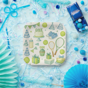 Tennis 1e verjaardag voor Boy Blue en groen thema Papieren Bordje