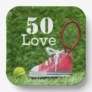 Tennis 50th Birthday tennis ball and number love Papieren Bordje
