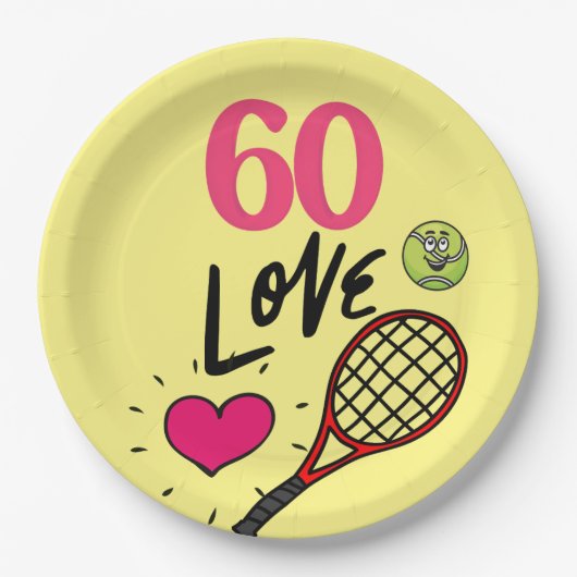 Tennis 60ste verjaardag met racket voor party papieren bordje (Voorkant)