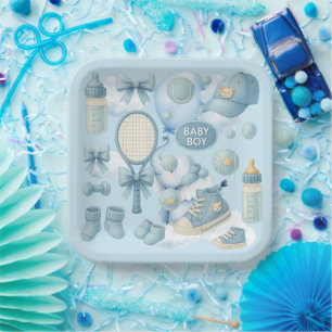 Tennis baby shower voor baby jongen blauwe thema papieren bordje