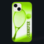 Tennis ball et raquette sport coque iphone vert<br><div class="desc">Coque sportif de tennis pour iphone. Personnalisez cet objet avec votre nom. Cet exemple montre Jennifer. Cette oeuvre originale unique a été photographiée et conçue par Sarah Trett pour www.mylittleeden.com</div>